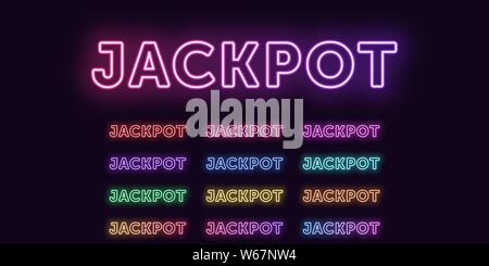 Neon text Jackpot, expressive Title. Set of glowing Jackpot word in Neon outline style with transparent backlight. Vector kit, red pink purple violet Stock Vector