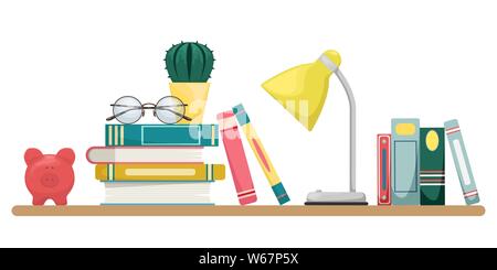 Stack of books with a lamp, glasses and cactus. Knowledge, learning and education concept design. Flat vector cartoon illustration. Stock Vector