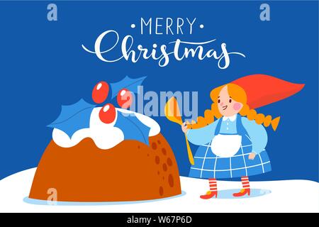 Christmas poster vector design with cartoon gnome cooking cake for holiday dinner Stock Vector