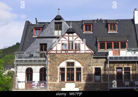 Traditional half-timbered house with a black roof (Cochem, Germany, Europe) Stock Photo