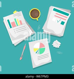 Piles of papers and documents on the desktop with a Cup of coffee and stationery. Flat vector cartoon style. Stock Vector