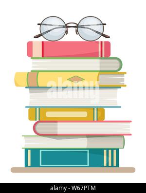 Stack of books with glasses on the top on a white background. flat design style. Vector illustration. Stock Vector
