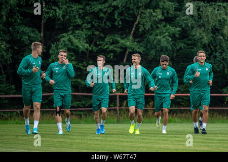 Jablonec Nad Nisou, Czech Republic. 31st July, 2019. Players of FK Jablonec L-R Jakub Jugas, Libor Holik, Jan Sykora, Jan Matousek, Andrej Fabry and Jan Krob train prior to the Football Europa League, 2nd qualifying round, return match FK Jablonec vs Pyunik Yerevan, on July 31, 2019, in Jablonec nad Nisou, Czech Republic. Credit: Radek Petrasek/CTK Photo/Ģ����ý Live News Stock Photo