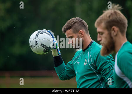 Jablonec Nad Nisou, Czech Republic. 31st July, 2019. Player of FK Jablonec Jan Hanus, left, attends training session of his team prior to the Football Europa League, 2nd qualifying round, return match FK Jablonec vs Pyunik Yerevan, on July 31, 2019, in Jablonec nad Nisou, Czech Republic. Credit: Radek Petrasek/CTK Photo/Ģ����ý Live News Stock Photo