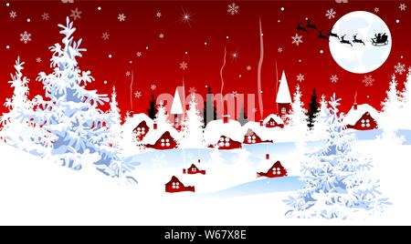 Snow-covered village. Night scene of winter rural landscape on Christmas Eve. Stock Vector