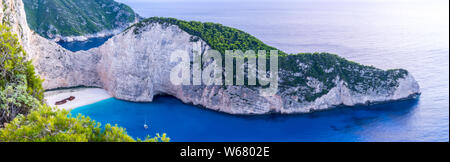Greece, Zakynthos, XXL panorama of stunning shipwreck beach landscape aerial view Stock Photo