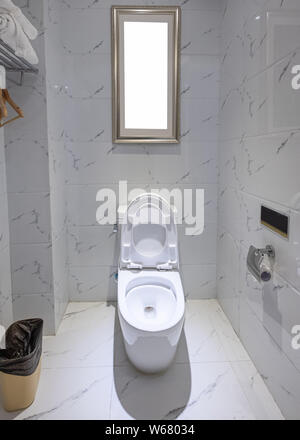 White flush toilet on marble wall with empty picture and bin Stock Photo