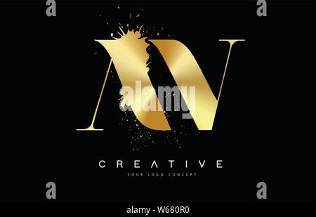 AV A V Letter Logo with Gold Melted Metal Splash Vector Design Illustration. Stock Vector
