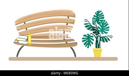 Wooden bench with a stack of books and a decorative plant nearby. Flat vector illustration in cartoon style. Stock Vector
