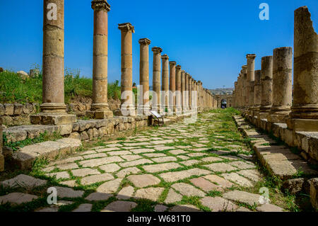 Cardo Maximus - The main North South thoroughfare of Jerash. An 800m long colonnaded street, which stretches from the Ovalene Plaza to the North Gate Stock Photo