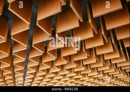 Wooden modern striped line ceiling pattern background Stock Photo