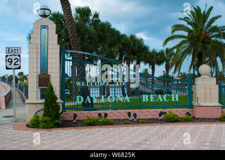 Daytona Beach Florida. July 07, 2019 Welcome to Daytona Beach sign on Broadway bridge area. Stock Photo