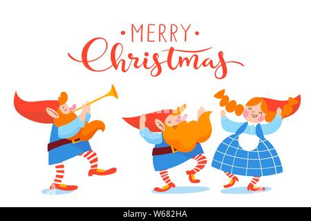Christmas poster vector design with cartoon leprechauns dancing and playing music Stock Vector