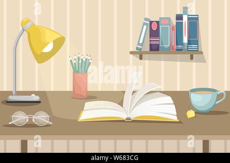An open book on the desktop with a lamp, a Cup of tea and points. Wall shelf with books. Flat vector cartoon illustration. Stock Vector