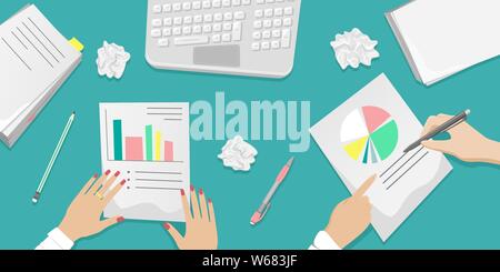 Work Desk with team work on paper work. Piles of papers, documents. Office concept. Flat vector cartoon illustration. Stock Vector
