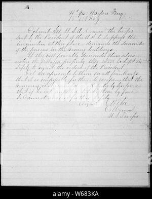 Robert E. Lee's Demand for the Surrender of John Brown and his Party [at Harper's Ferry]; Scope and content:  The destruction of slavery in the United States was the driving ambition of abolitionist John Brown. He came to believe that it would take bloodshed to root out the evil of slavery, and by the mid-1850's he dedicated himself to an all-out war for slave liberation. On October 16, 1859, he and his army of some 20 men seized the federal arsenal at Harper's Ferry, Virginia (now West Virginia). By the morning of October 18, Marines under the command of Bvt. Col. Robert E. Lee, stormed the b Stock Photo
