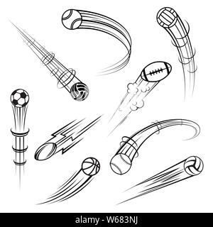 Set of different outline sport balls movements track Stock Vector