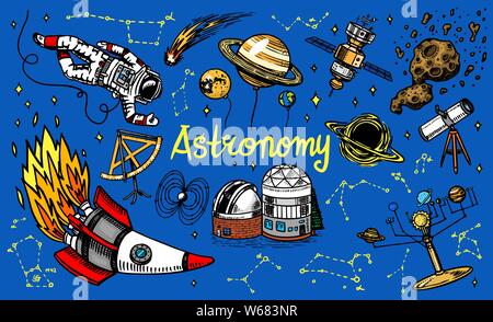 Astronomy background in vintage style. Space and cosmonaut, moon and spaceships, meteorite and stars, planets and observatory. Hand drawn in retro Stock Vector