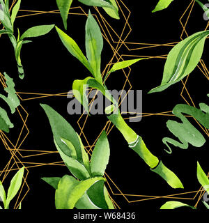 Bamboo green leaves. Watercolor background illustration set. Seamless background pattern. Stock Photo