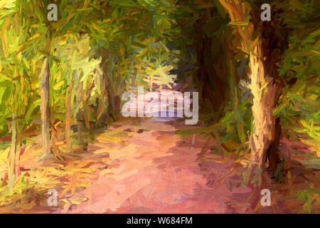 Abstract painting of long dark tree avenue in an old English landscape park in impressionistic style. Stock Photo