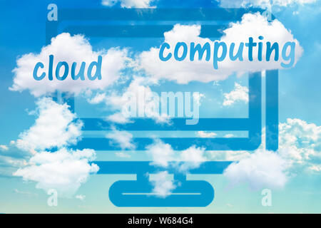 Digital illustration with concept of cloud solutions or cloud computing. Computer icon and realistic dramatic sky with clouds. Stock Photo