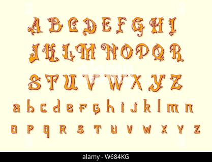 Victorian alphabet in ancient style. Antique old Font for Whiskey label. Vintage typeface in gold colors, editable and layered. Hand drawn Vector Stock Vector