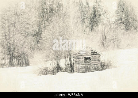 Black pencil drawing on white paper, old mountain cottage, sheep shelter, in Austrian alps in winter or early spring. Stock Photo