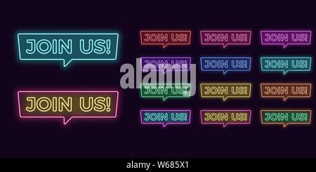 Neon text Join Us, expressive Title. Set of glowing signboard Join Us in Neon outline style with transparent backlight. Vector kit, red pink purple vi Stock Vector