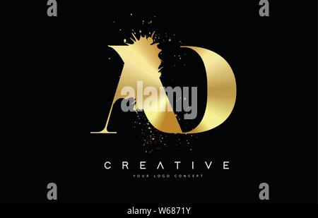 AD A D Letter Logo with Gold Melted Metal Splash Vector Design Illustration. Stock Vector