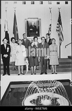 Palm Desert, CA - November 27, 1971 -- Dedication ceremony for the Eisenhower Memorial Hospital, Palm Desert, California. Pictured: Bob Hope, Judy Agnew, Delores Hope, Vice President Spiro T. Agnew, Former First Lady Mamie Eisenhower, Nancy Reagan, U.S. President Richard M. Nixon, California Governor Ronald Reagan, First Lady Pat Nixon. Credit: Jack Kightlinger - The White House via CNP | usage worldwide Stock Photo