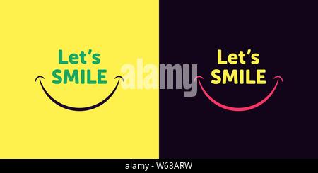 Lets smile text with smiling mouth in cartoon style. Good print on T-shirt, card and poster, vector illustration. Yellow and dark background Stock Vector
