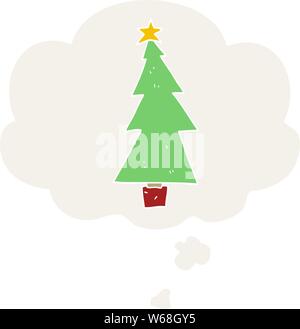 cartoon christmas tree with thought bubble in retro style Stock Vector