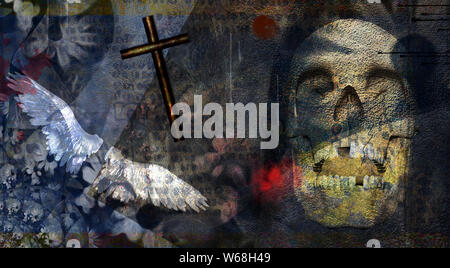 Spiritual dark art composition. Skull, cross and angel wings Stock Photo