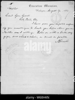 Telegram from Abraham Lincoln to Lt. Gen. Ulysses Grant at City Point, Virginia; General notes:  Exhibit History: American Originals, June 1997 - June 1998, National Archives Rotunda, Washington, DC, Exhibit No. 624.0187. Stock Photo