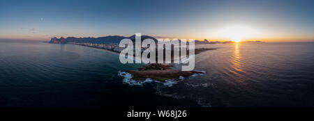 Intense colourful 360 degree aerial sunrise panorama of Arpoador cliff and wider cityscape of Rio de Janeiro ready for use in 3D environment mapping