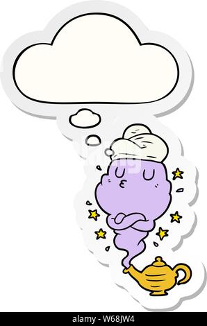 cartoon genie with thought bubble as a printed sticker Stock Vector