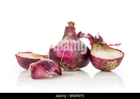 Group of one whole two halves one piece of stale red onion isolated on white background Stock Photo