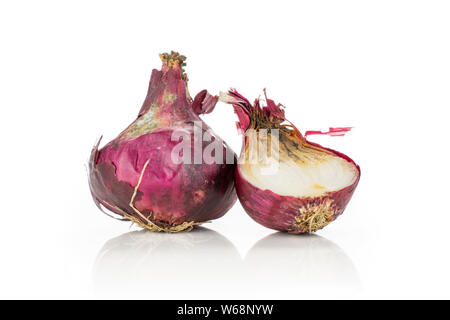 Group of one whole one half of stale red onion isolated on white background Stock Photo