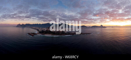 Sunrise 360 degree full panoramic aerial view of Rio de Janeiro with Arpoador and Ipanema beach in the foreground and the wider cityscape behind