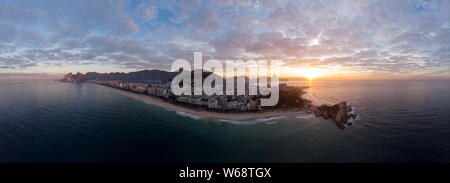 Sunrise 360 degree full panoramic aerial view of Rio de Janeiro with Arpoador and Ipanema beach in the foreground and the wider cityscape behind
