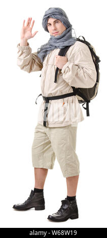 wildman - tourist with backpack on a white background Stock Photo