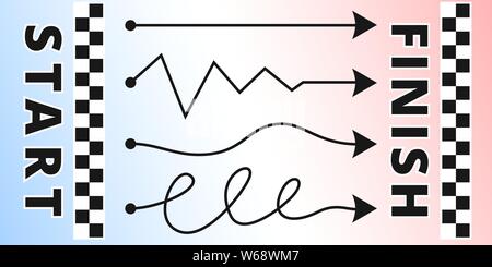 Start and Finish text with trajectory line stroke arrows and checkered tape. Sport and business competition concept in vector EPS 10. Stock Vector