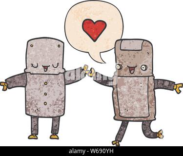 cartoon robots in love with speech bubble in retro texture style Stock Vector