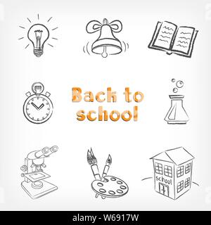 Drawings back to school. Education drawn signs lamp idea ring book easel microscope test tube stopwatch building on white background. Lesson drawing b Stock Vector