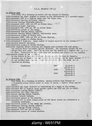 War Diary of USS FRANKLIN (CV-13), October 13, 1944.; Scope and content:  This war diary entry is one example of several kinds of records in the custody of the National Archives and Records Administration that may be consulted regarding specific engagements of U.S. Navy ships / units like the USS FRANKLIN during World War II. This war diary covers a Japanese attack against the ship. Other records that could be consulted include action reports, deck logs, and casualty reports. Stock Photo