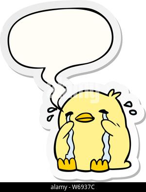 cartoon crying bird with speech bubble sticker Stock Vector