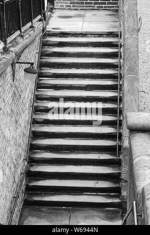 Stone steps outside Salts Mill in Saltaire, Yorkshire. Stock Photo