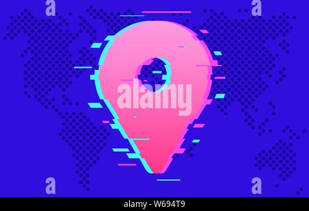 Location pointer glitched icon on gradient world map background. Pop art mix modern style vector. Stock Vector