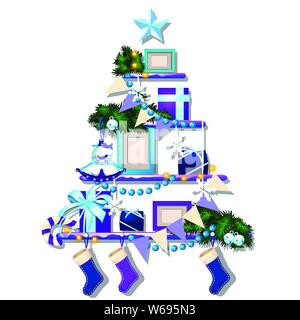 Stylized shelf with Christmas decorations, cute baubles isolated on white background. Sample of holiday poster, card, party invitation. Idea of Stock Vector