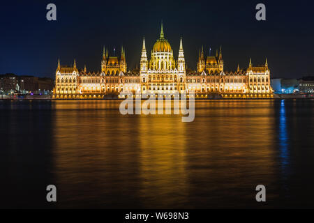 Night view of Budapest. Panorama cityscape of famous tourist destination with Danube, parliament and bridges. Travel illuminated landscape in Hungary, Stock Photo